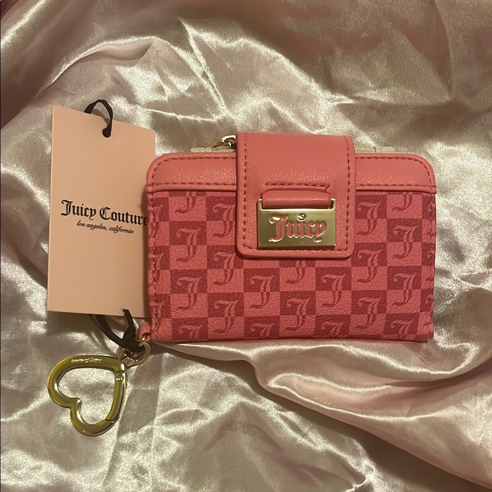 Juicy Couture Wallet Pink Lemonade Checkerboard Print with Gold Heart Keychain